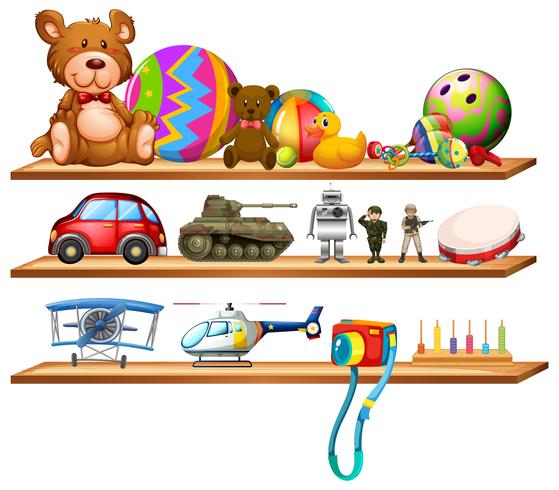 Toys on wooden shelves vector