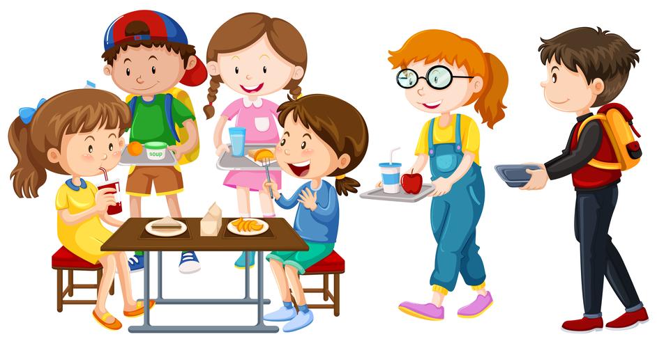 Niños almorzando en mesa vector