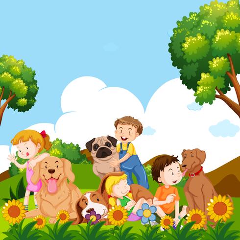 Children and pet dogs in garden vector