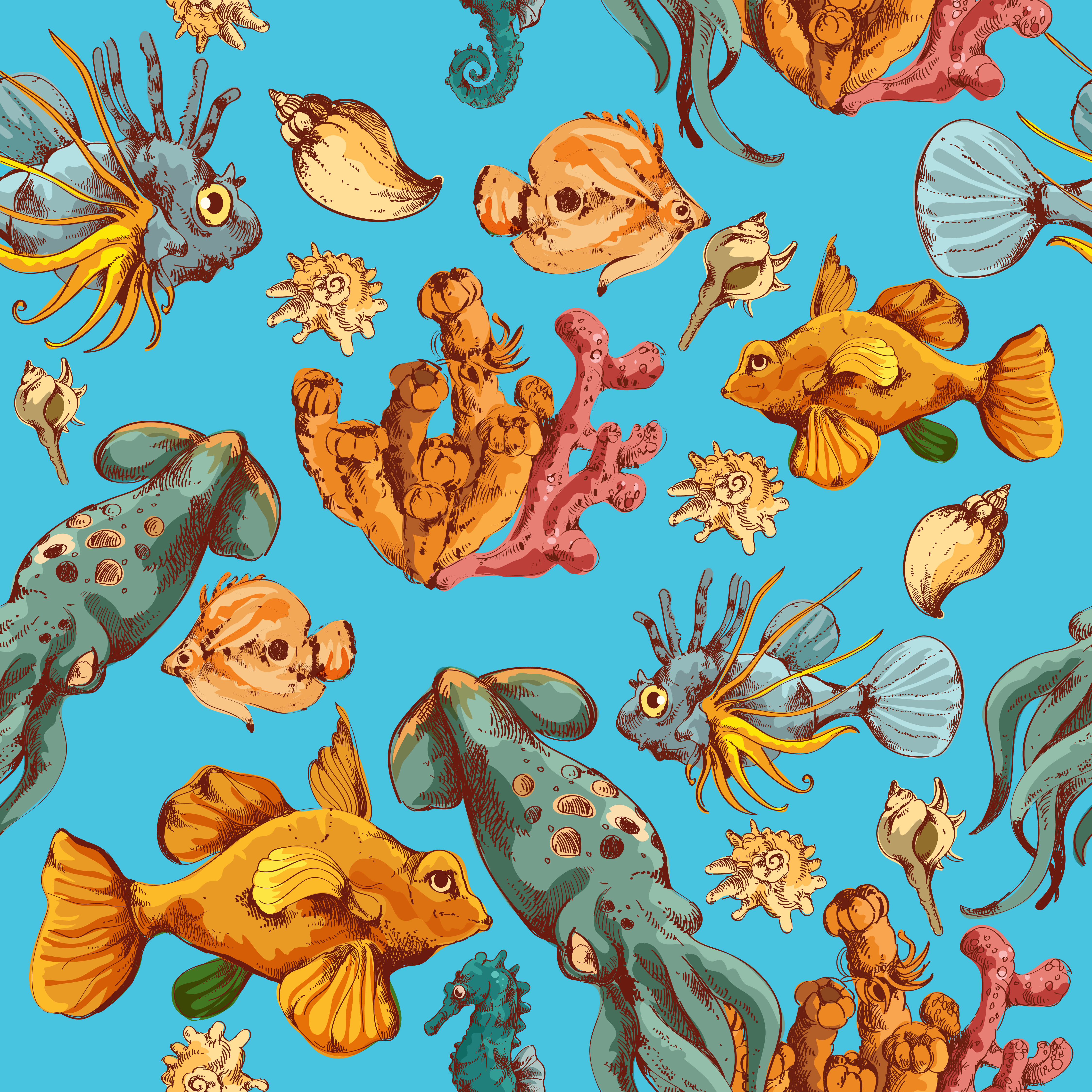 Sea creatures sketch colored seamless pattern 454788 Vector Art at Vecteezy