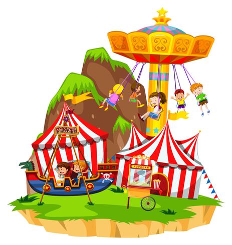 Children playing on rides in amusement park vector