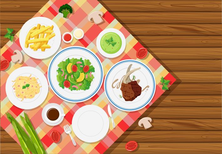 Background template with food on tablecloth vector