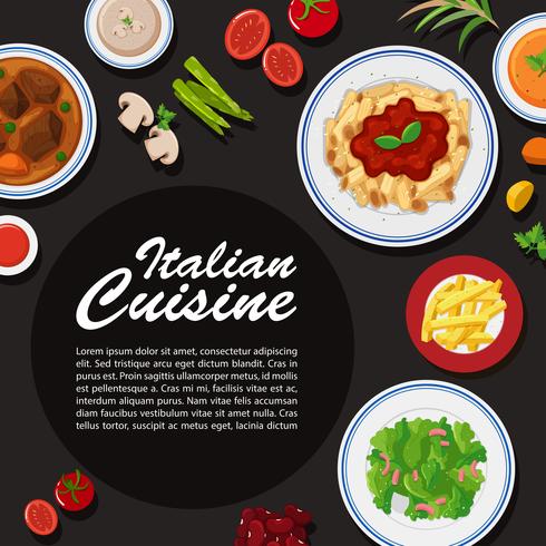 Diseño de cartel de cocina italiana con diferentes platos. vector