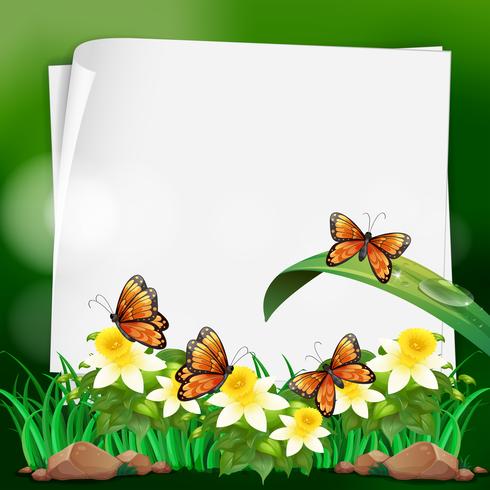 Paper template with butterflies in garden vector