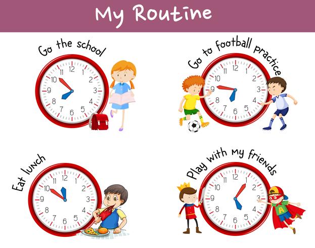 Different routines on poster with kids and activities vector