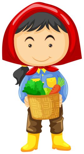 Female farmer holding basket of vegetables vector