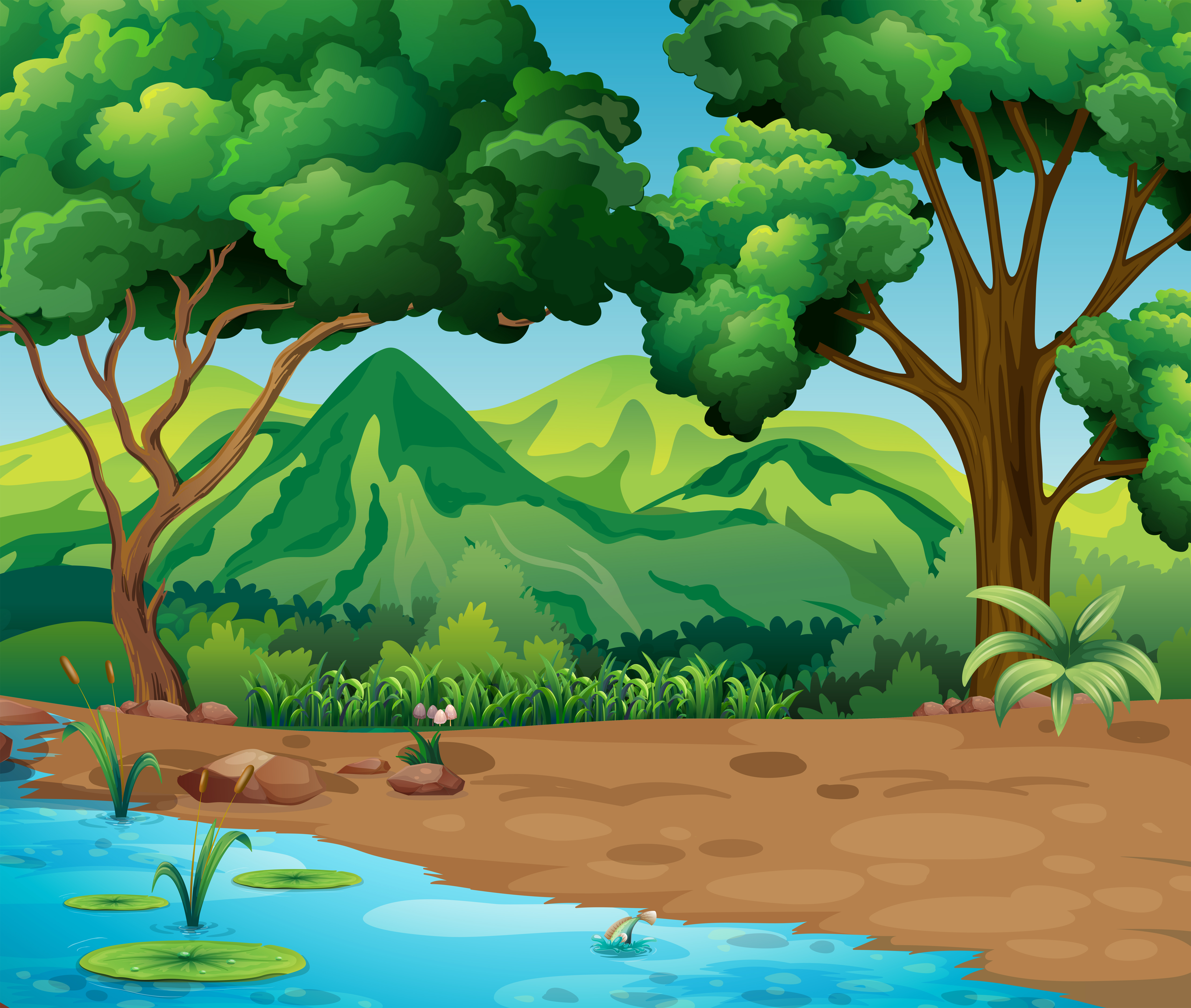 Scene with trees and river in forest 454941 Vector Art at Vecteezy