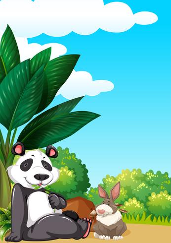 Panda y conejo en jardin vector