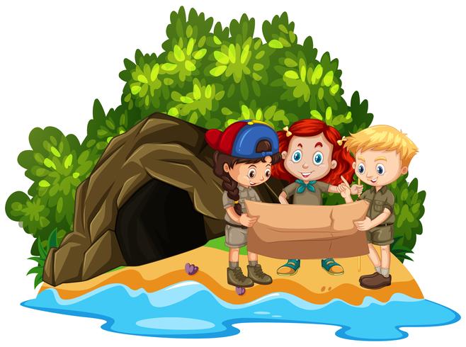 Tres niños mirando el mapa frente a la cueva en la isla vector