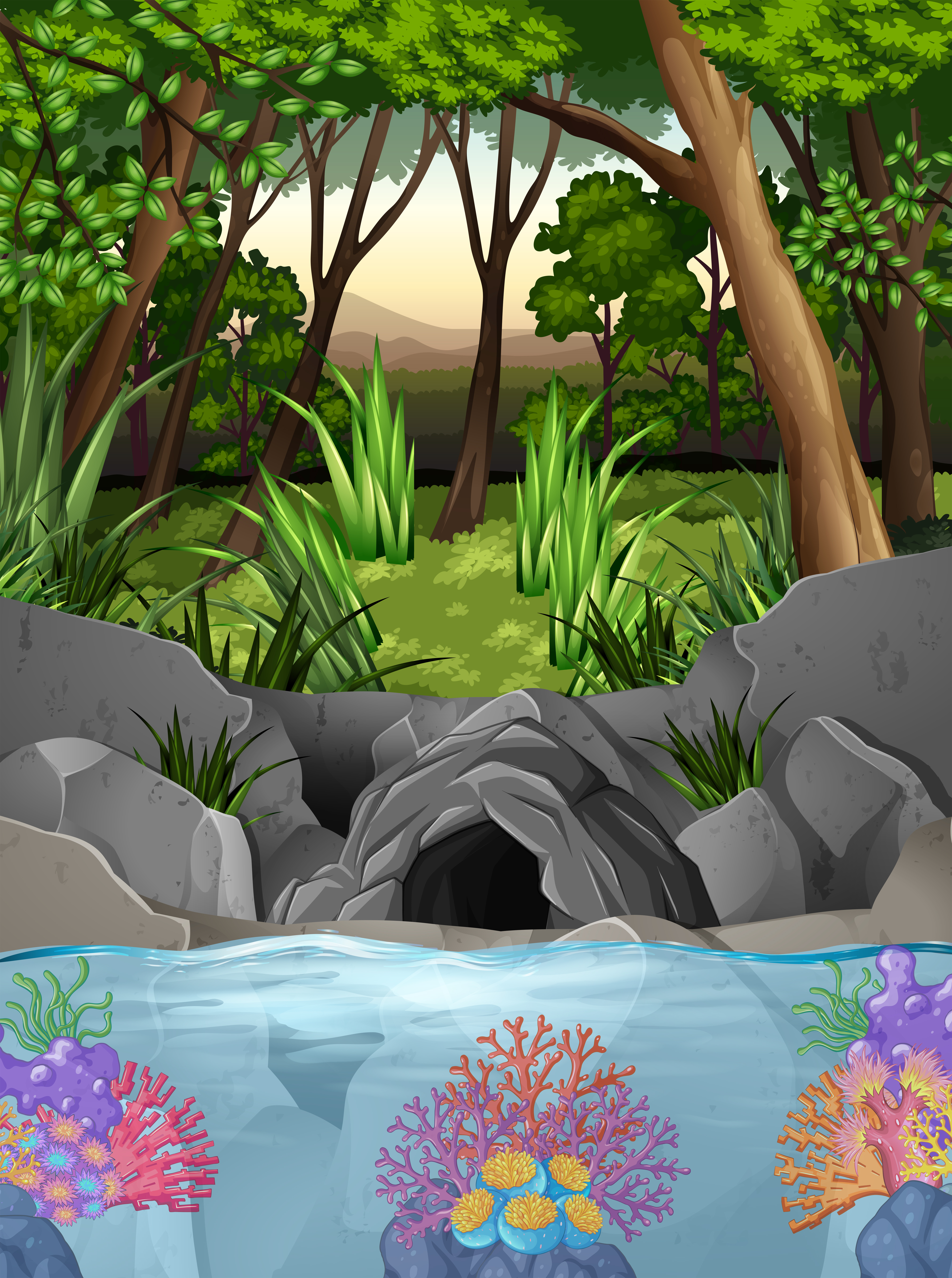 Forest scene with cave and trees 455027 Vector Art at Vecteezy