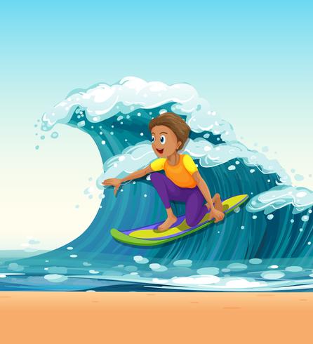 Hombre surfeando en grandes olas vector