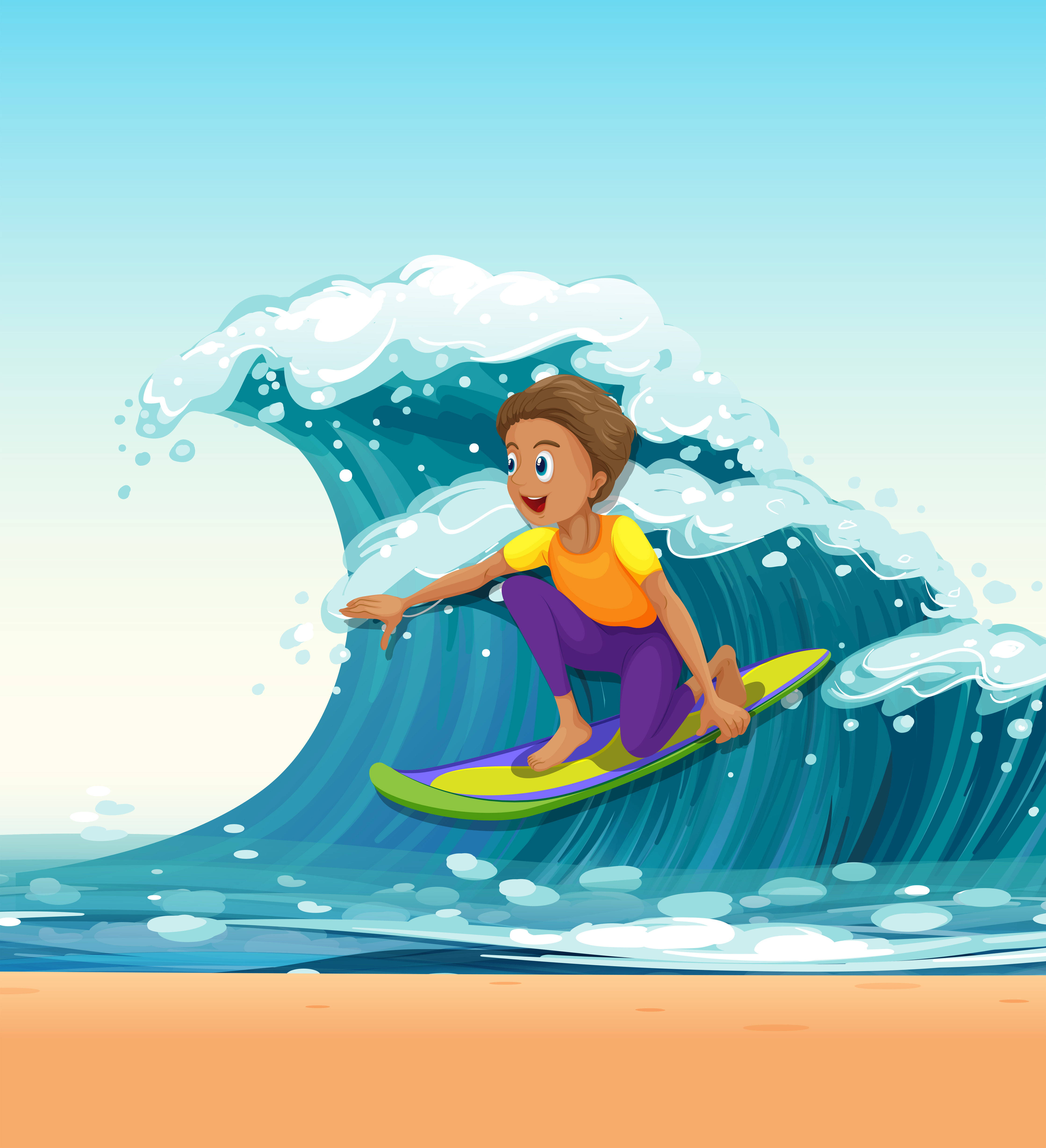 Cartoon Boy Playing Surfboard With Big Waves Vector Image | The Best ...