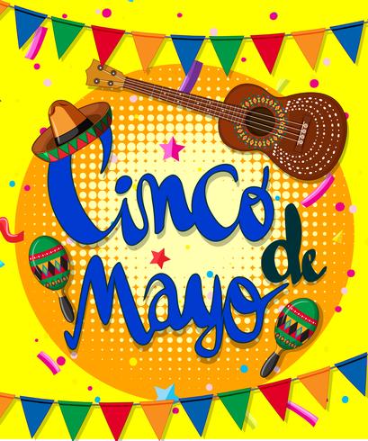 Póster del Cinco de Mayo con guitarra y banderas. vector