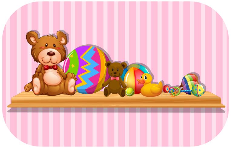 Teddy bears and balls on shelf vector