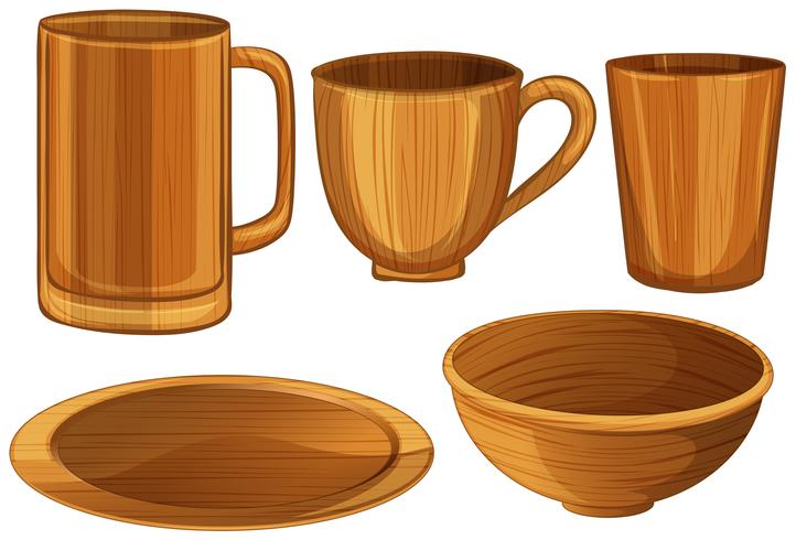 Tazas y platos de madera vector