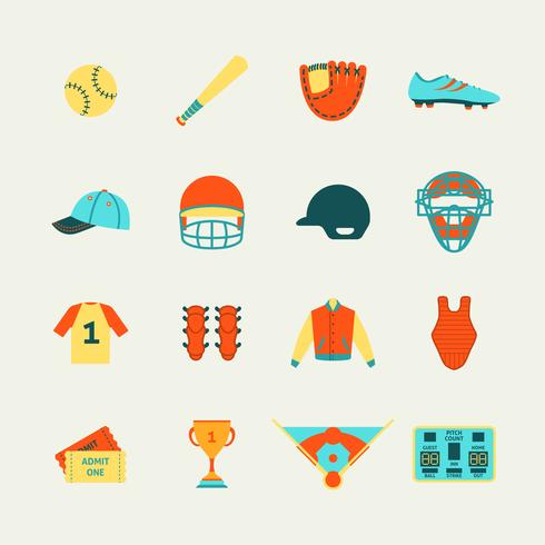 Iconos de béisbol conjunto planos vector