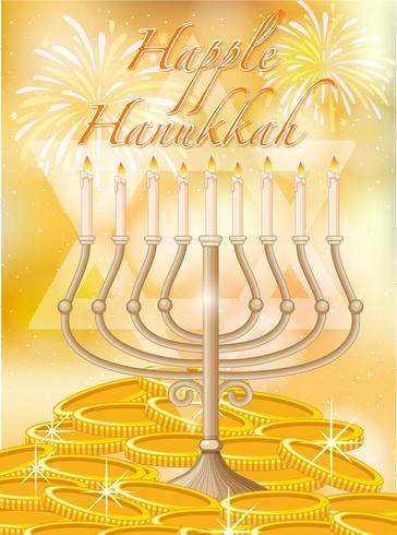 Feliz Hanukkah con velas y oro. vector