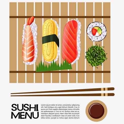 Diseño de menú de sushi con sushi en bandeja de madera. vector