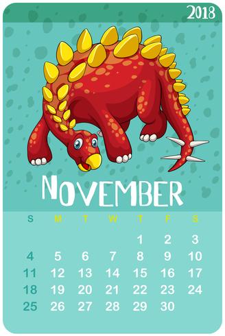 Calendar template for November with stegosaurus vector