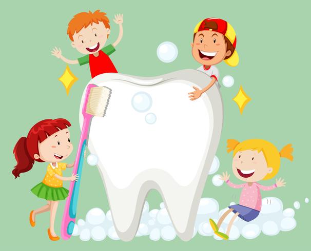 Niños limpiando los dientes con el cepillo de dientes. vector