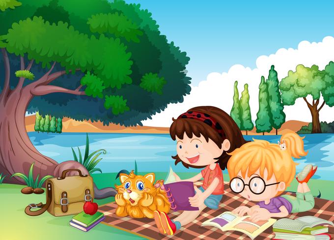 girls and a cat in a beautiful nature vector