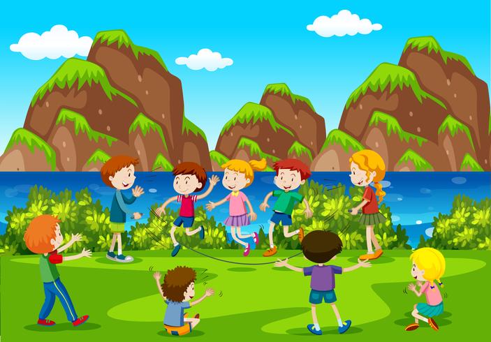 Many kids playing in the field vector
