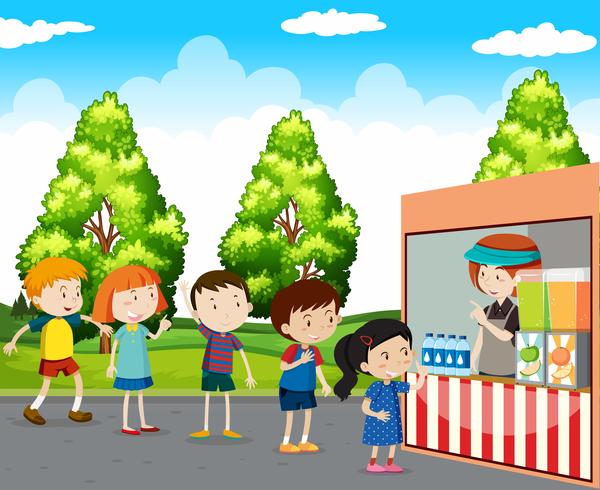 Children buying drinks in park vector