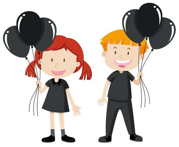 Niño y niña sosteniendo globos negros vector