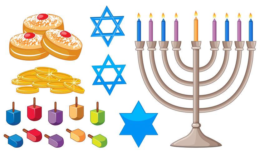 Elementos de feliz Hanukkah con símbolos judíos vector