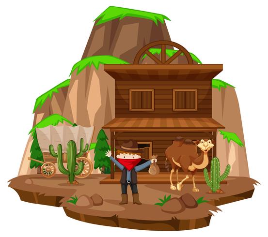 Pueblo vaquero con ladrón y camello. vector