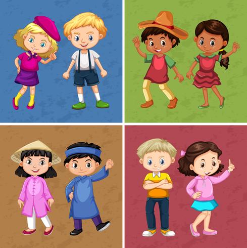 Cuatro parejas de niños en diferentes disfraces. vector