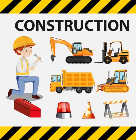 Camiones de construcción y hombre en cartel. vector