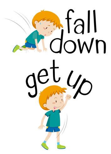 Opposite words for fall down and get up vector