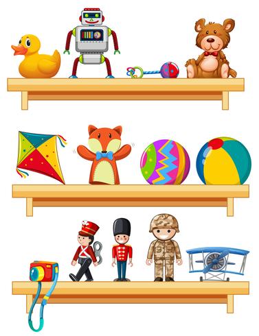 Many toys on wooden shelves vector