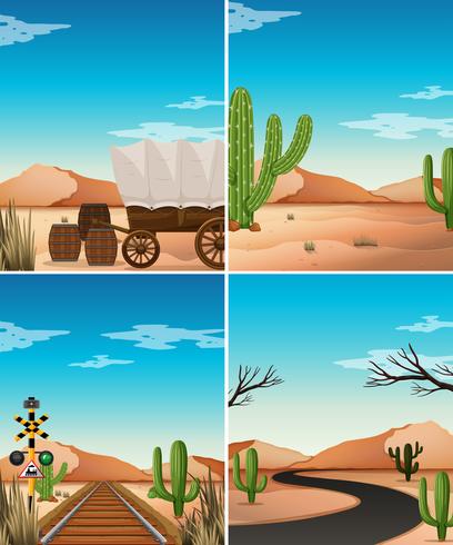 Cuatro escenas del desierto con cactus en el campo. vector