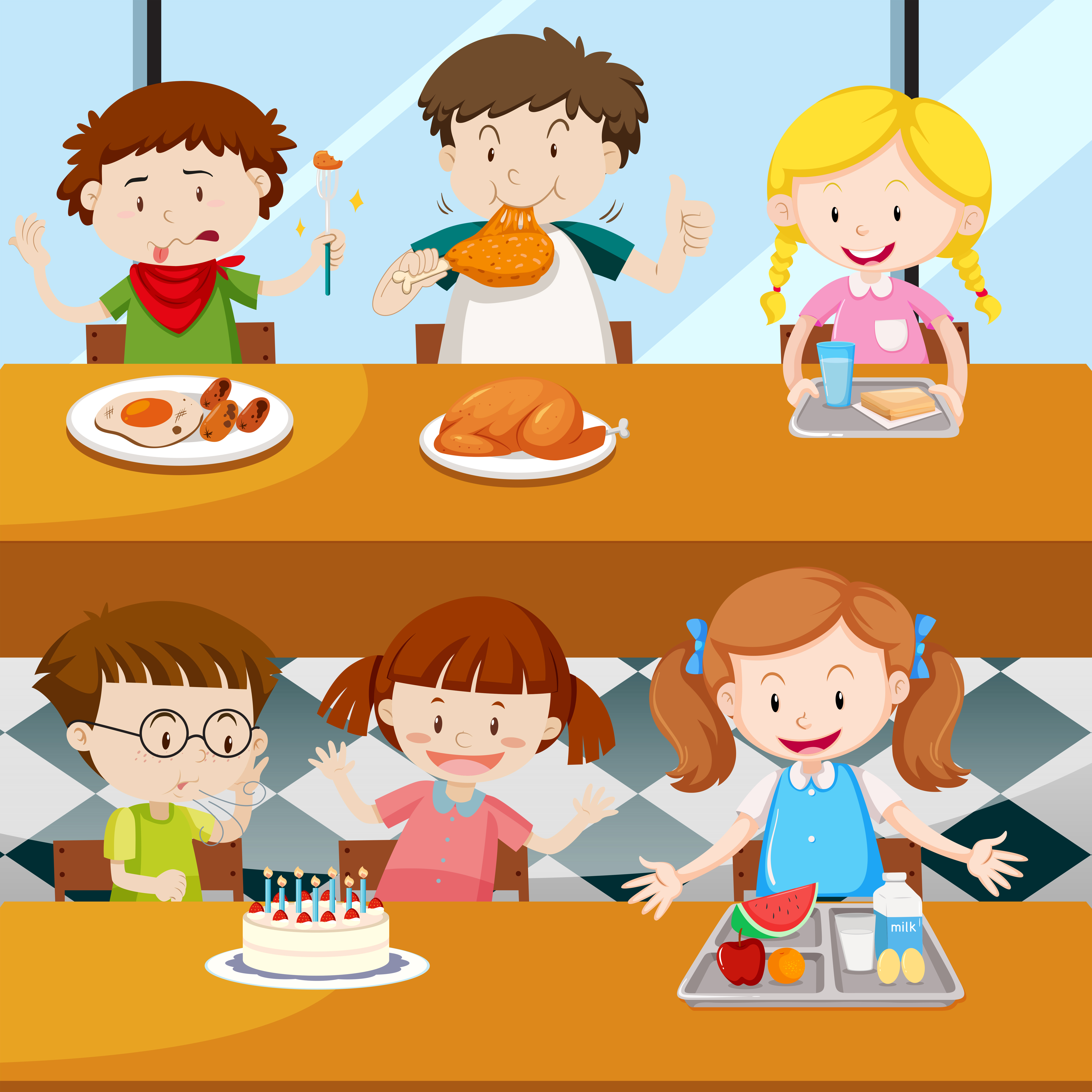 Many kids eating in the canteen 455425 Vector Art at Vecteezy