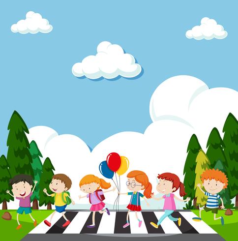 Many children crossing street  vector