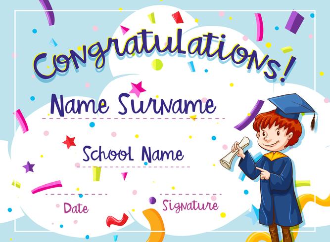 Certificate template with kid in graduation gown vector
