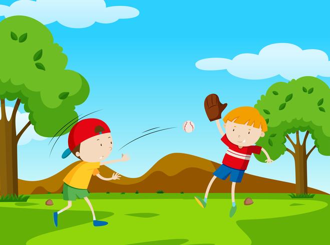 Two boys playing baseball in park vector