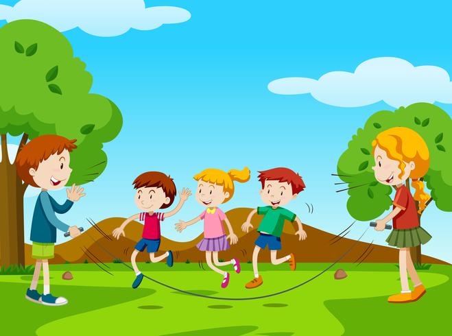 Children jumping rope in the park vector