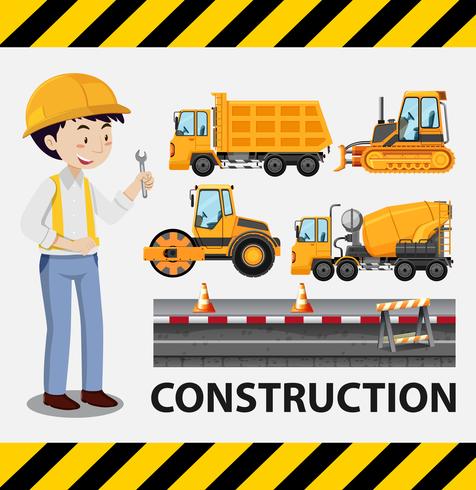 Construction worker and construction trucks vector