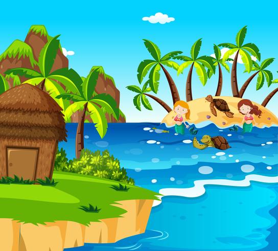 Mermaids and turtles on the island vector