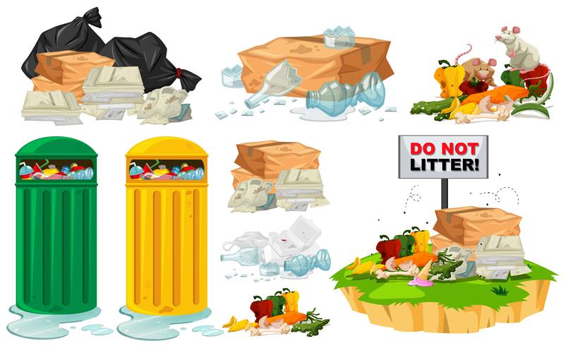 Rubbish on the floor and trashcans vector