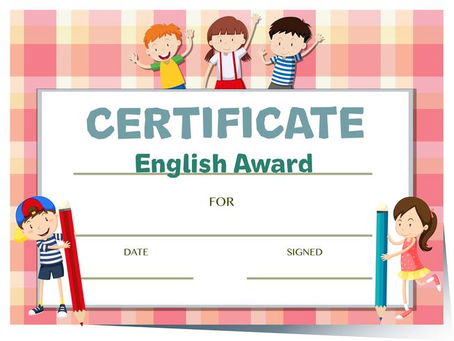 Plantilla de certificado para premio de inglés con muchos niños vector