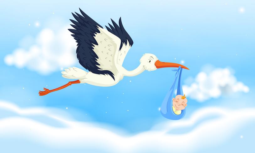 Crane flying with baby boy in sky vector