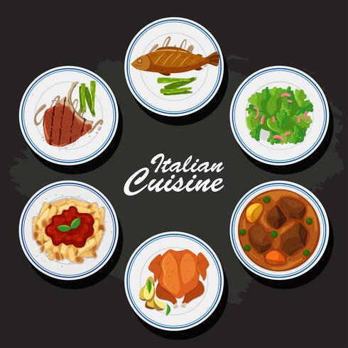 Fondo de cocina italiana con diferente comida en los platos. vector