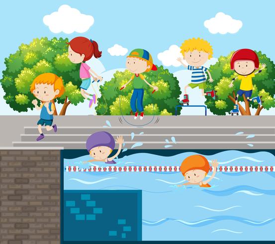 Kids playing different sports at the park vector