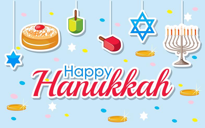 Feliz diseño de carteles de Hanukkah con postres y adornos. vector