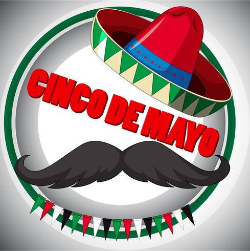 Póster del Cinco de Mayo con bigote y sombrero. vector