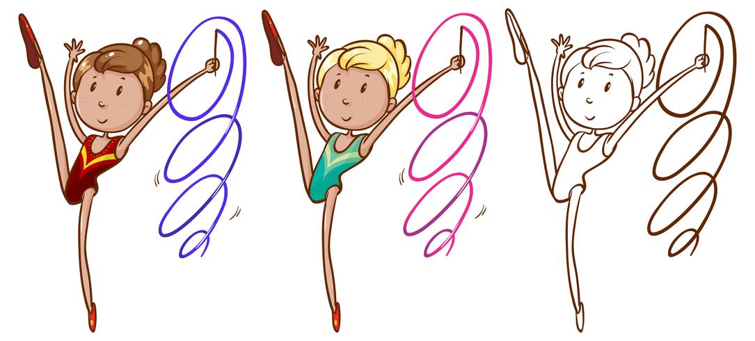 Doodle personaje para niña haciendo gimnasia con cinta. vector